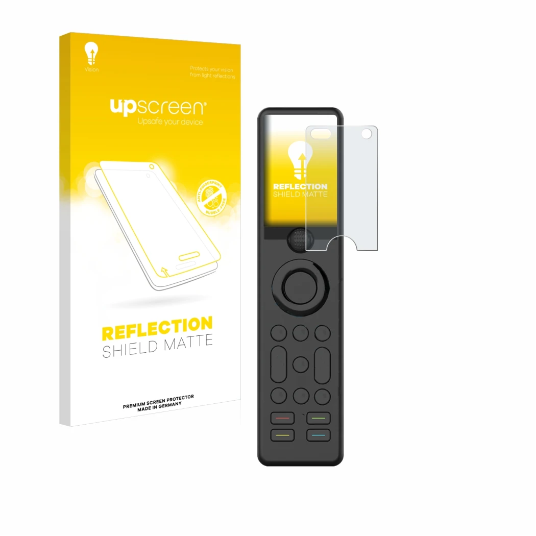 Face avant d’un emballage produit avec le logo de la marque upscreen. À côté, l’appareil Sofabaton X1 est représenté avec la p