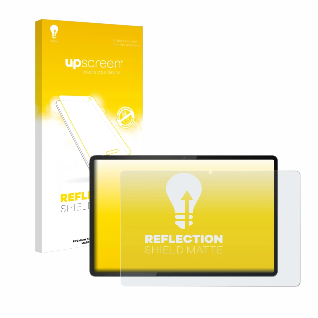 Face avant d’un emballage produit avec le logo de la marque upscreen. À côté, l’appareil Lenovo Tab Extreme est représenté ave