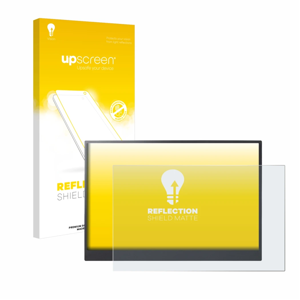 Face avant d’un emballage produit avec le logo de la marque upscreen. À côté, l’appareil LG gram +view 16MR70 moniteur portabl