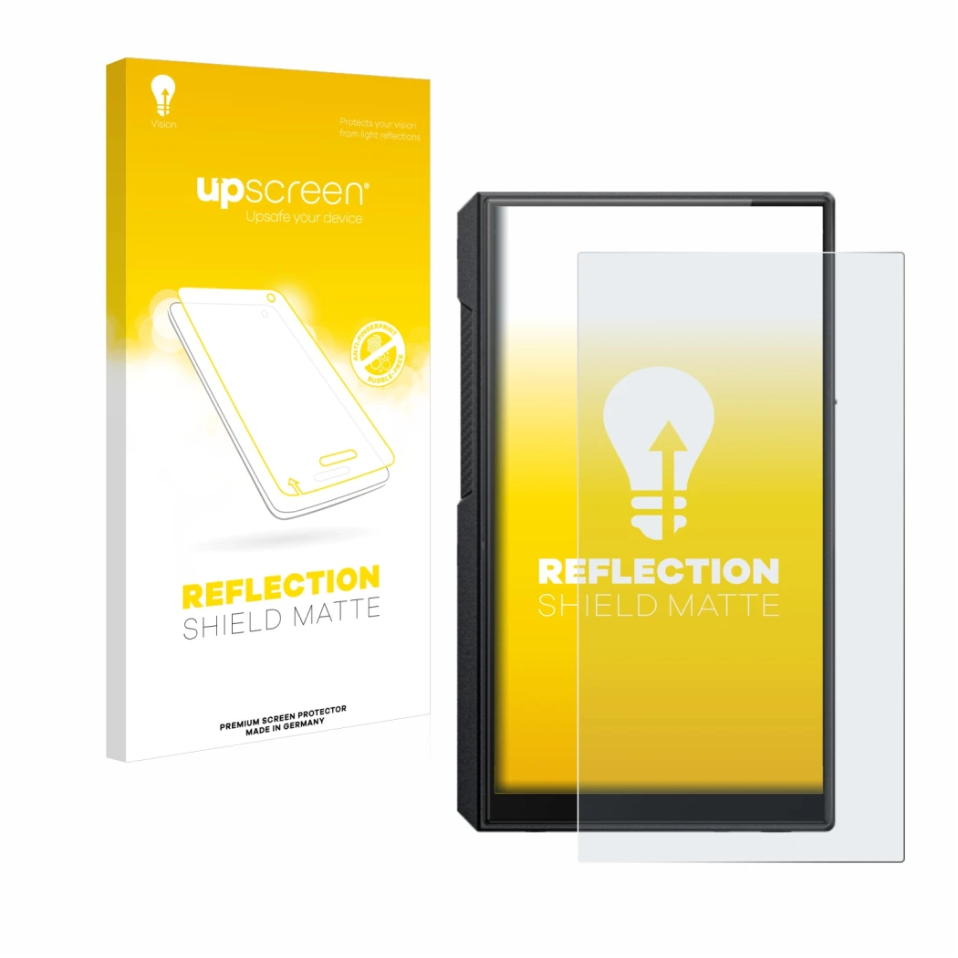Face avant d’un emballage produit avec le logo de la marque upscreen. À côté, l’appareil FiiO M11s est représenté avec la prot