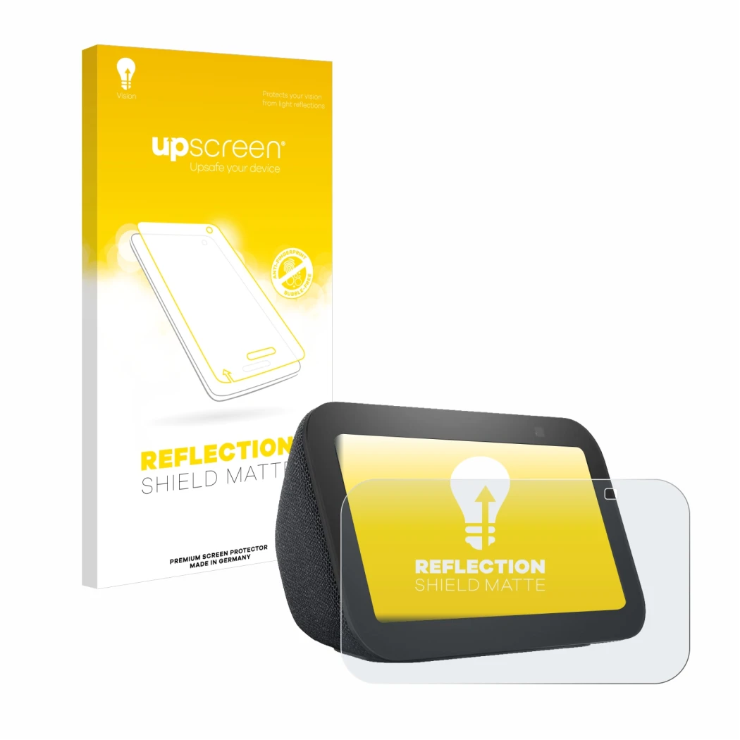 Face avant d’un emballage produit avec le logo de la marque upscreen. À côté, l’appareil Amazon Echo Show 5 (3ème Gen.) est re