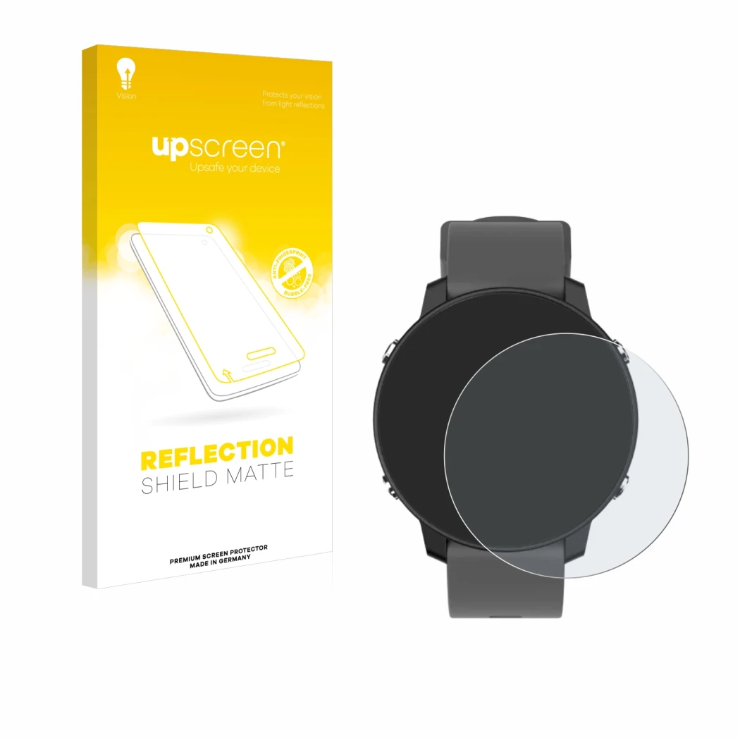 Face avant d’un emballage produit avec le logo de la marque upscreen. À côté, l’appareil Shot Scope G5 GPS Watch est représent