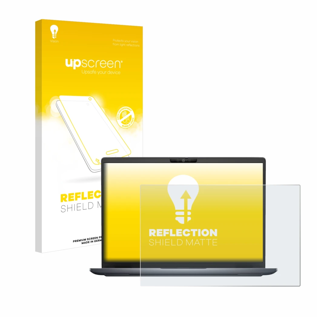 Face avant d’un emballage produit avec le logo de la marque upscreen. À côté, l’appareil Dell Latitude 7340 est représenté ave