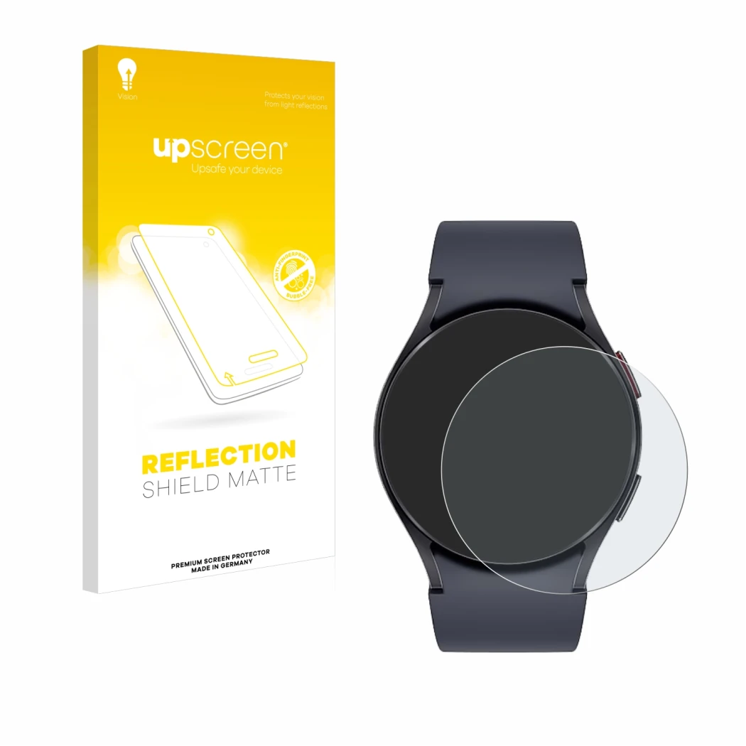 Face avant d’un emballage produit avec le logo de la marque upscreen. À côté, l’appareil Samsung Galaxy Watch 6 (44 mm) est re