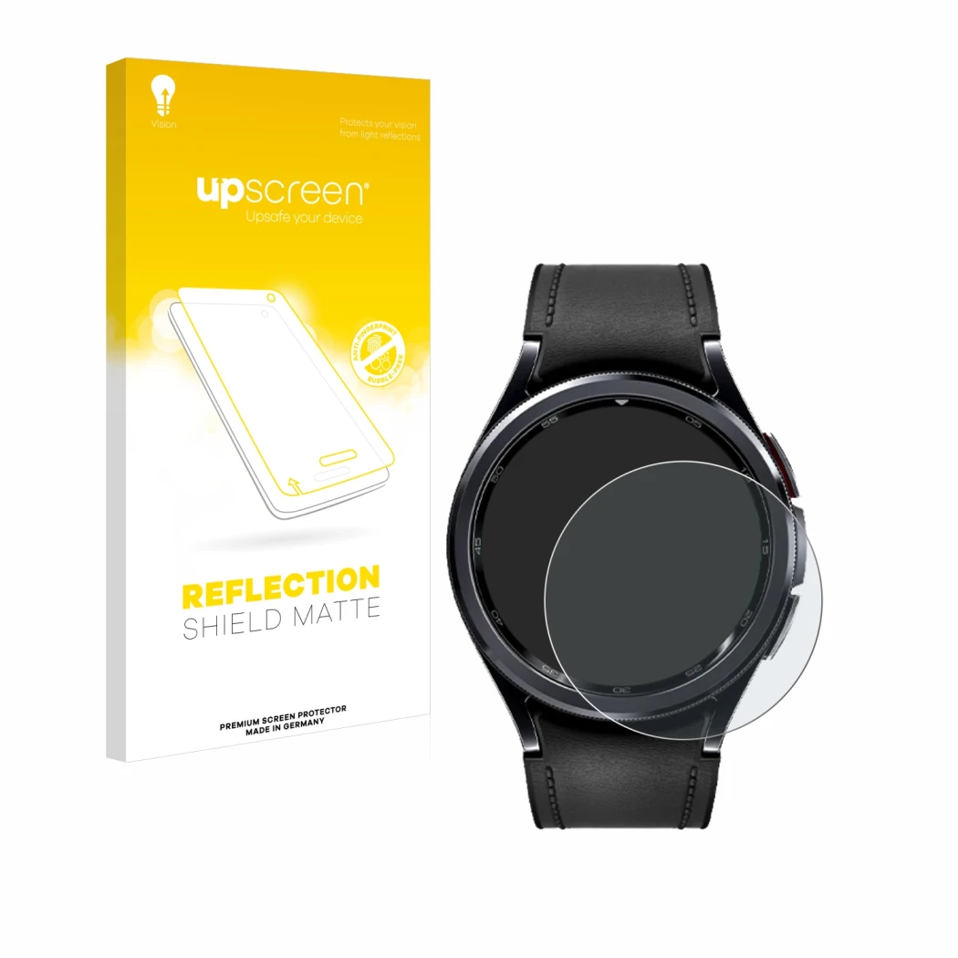 Face avant d’un emballage produit avec le logo de la marque upscreen. À côté, l’appareil Samsung Galaxy Watch 6 Classic (43 mm