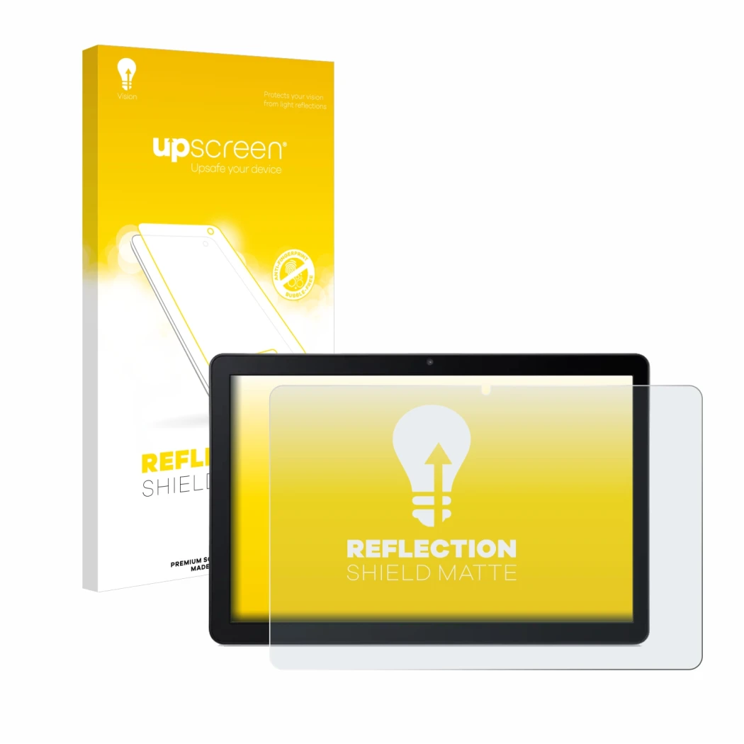 Face avant d’un emballage produit avec le logo de la marque upscreen. À côté, l’appareil Acer Iconia Tab M10 est représenté av
