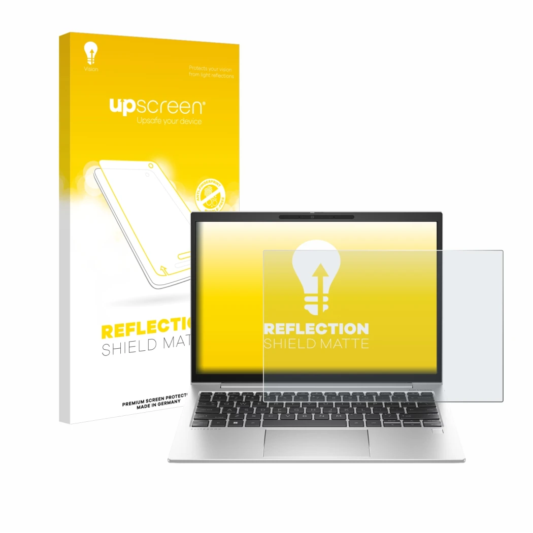 Face avant d’un emballage produit avec le logo de la marque upscreen. À côté, l’appareil HP EliteBook 835 G10 est représenté a