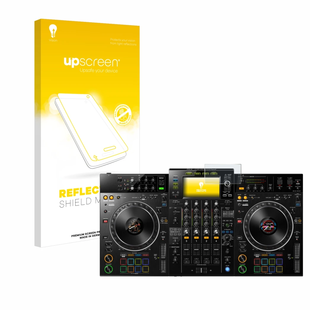 Face avant d’un emballage produit avec le logo de la marque upscreen. À côté, l’appareil Pioneer XDJ -XZ est représenté avec l
