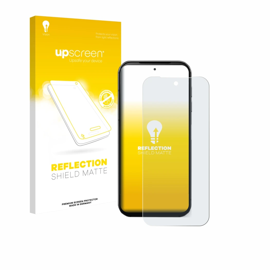 Face avant d’un emballage produit avec le logo de la marque upscreen. À côté, l’appareil Fairphone 5 est représenté avec la pr