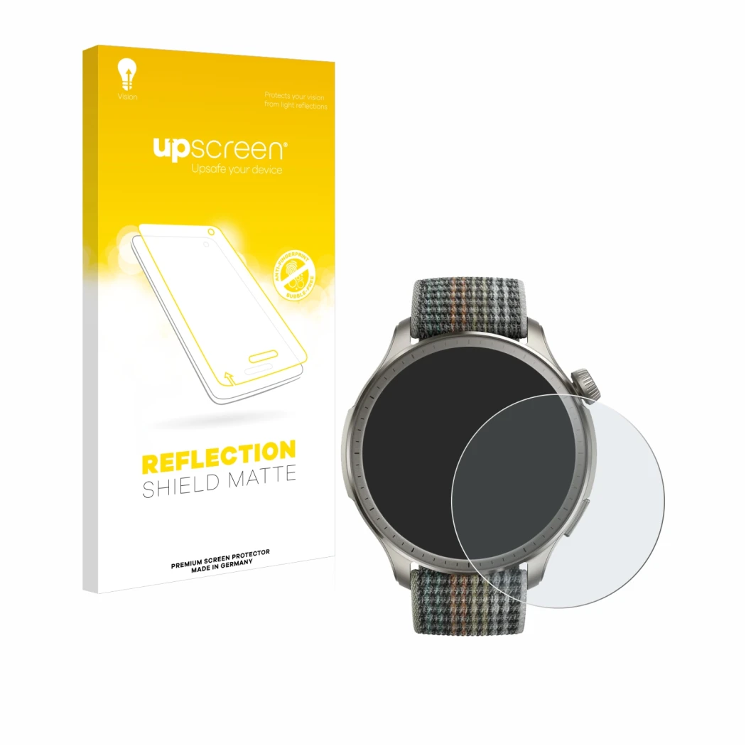 Face avant d’un emballage produit avec le logo de la marque upscreen. À côté, l’appareil Huami Amazfit Balance est représenté