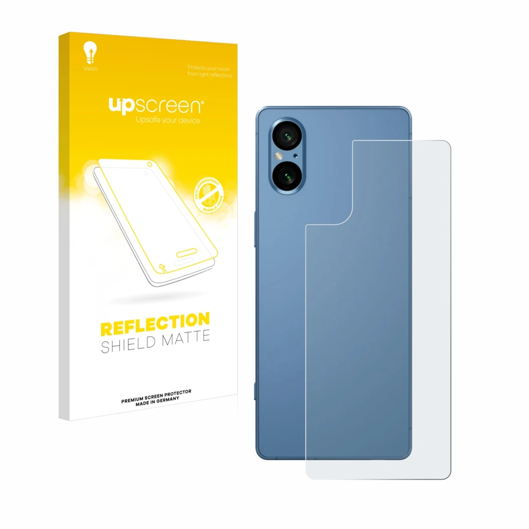 Face avant d’un emballage produit avec le logo de la marque upscreen. À côté, l’appareil Sony Xperia 5 V (Arrière) est représe