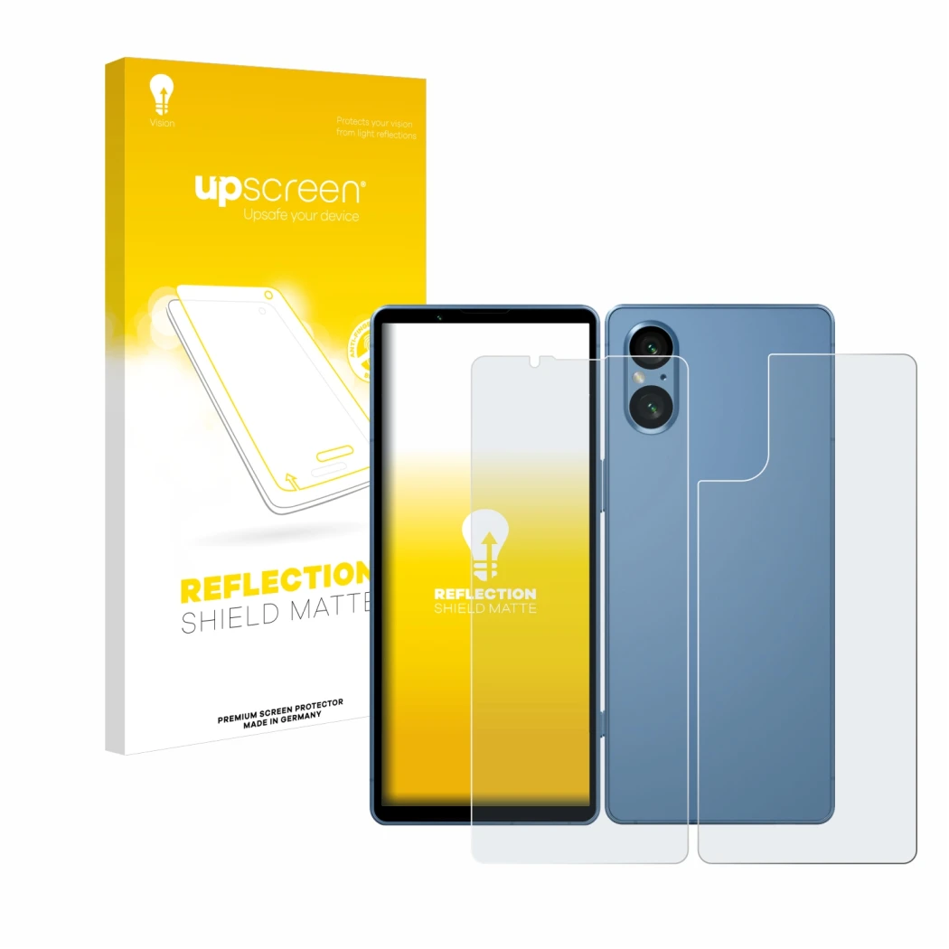 Face avant d’un emballage produit avec le logo de la marque upscreen. À côté, l’appareil Sony Xperia 5 V (Avant+Arrière) est r