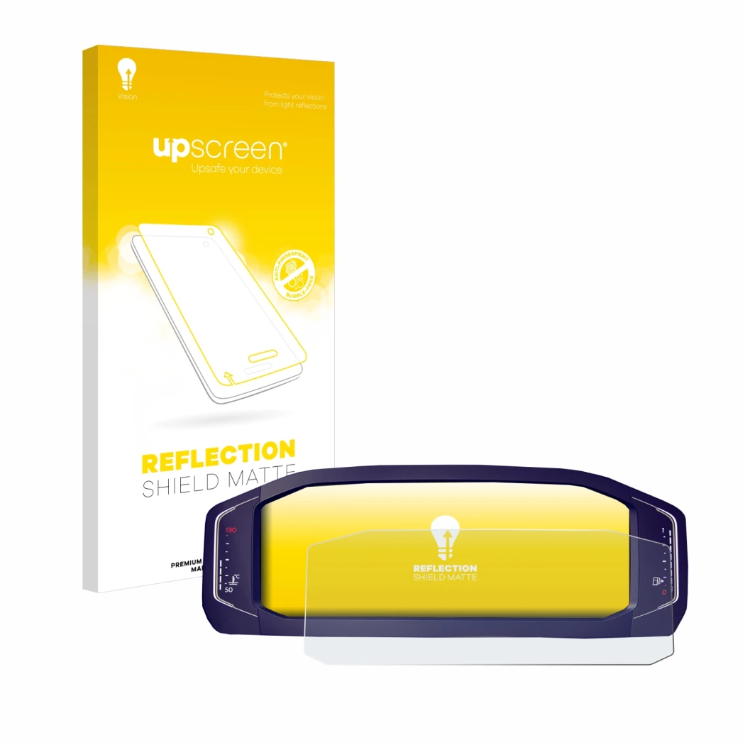 Face avant d’un emballage produit avec le logo de la marque upscreen. À côté, l’appareil Volkswagen Passat B8 Digital Cockpit 