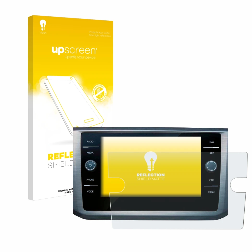 Face avant d’un emballage produit avec le logo de la marque upscreen. À côté, l’appareil Volkswagen Passat B8 Discover Media 8