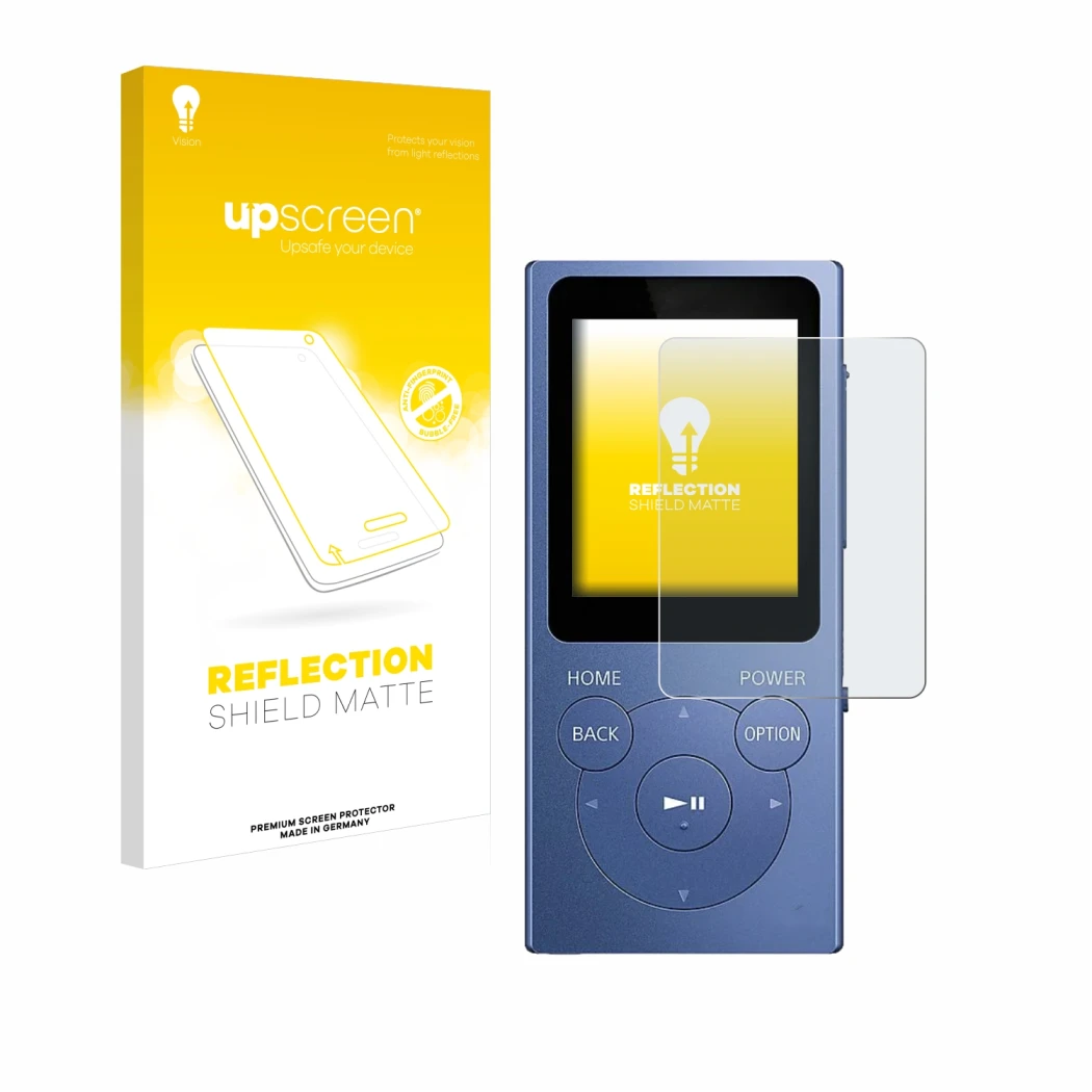 Face avant d’un emballage produit avec le logo de la marque upscreen. À côté, l’appareil Sony Walkman NW-E394 est représenté a