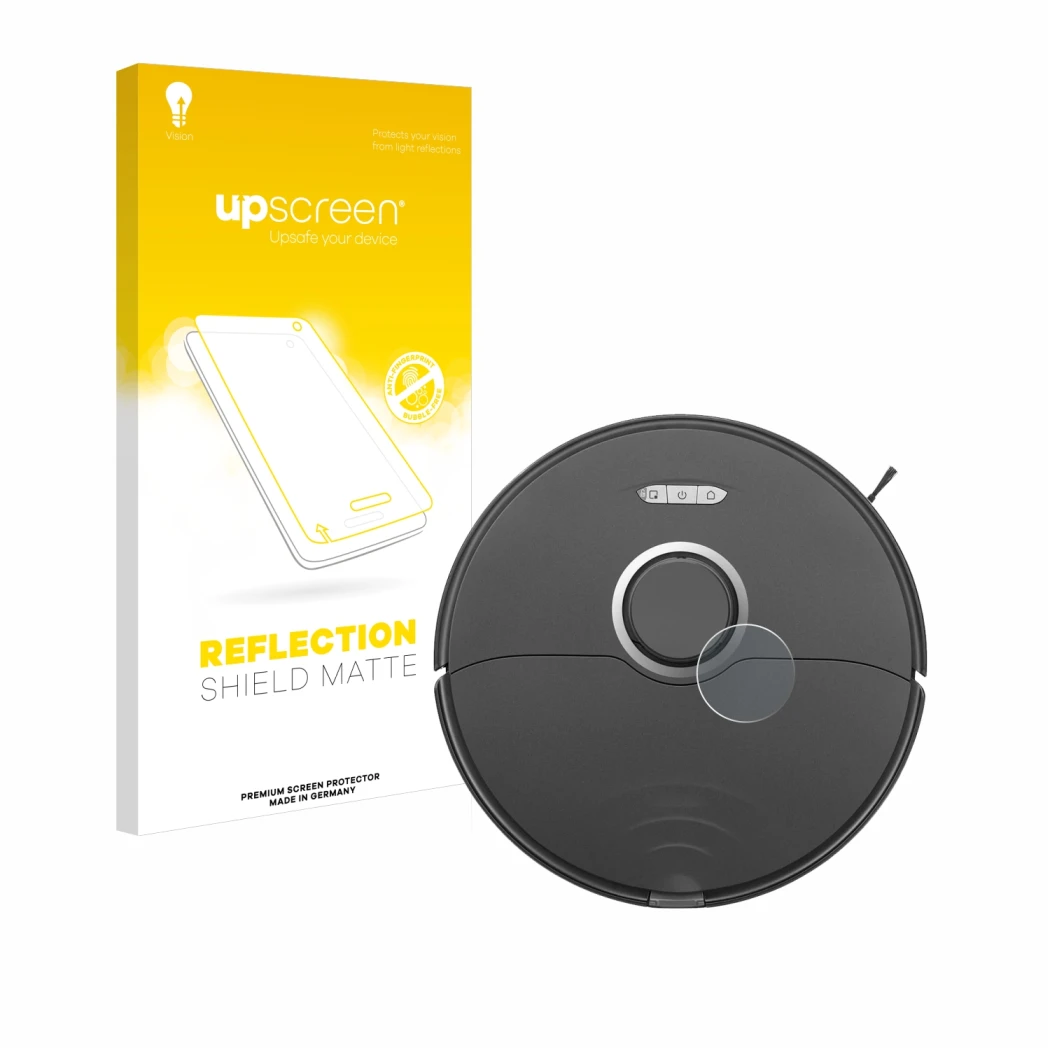 Face avant d’un emballage produit avec le logo de la marque upscreen. À côté, l’appareil Roborock S8 Lidar Sensor (modèle blan