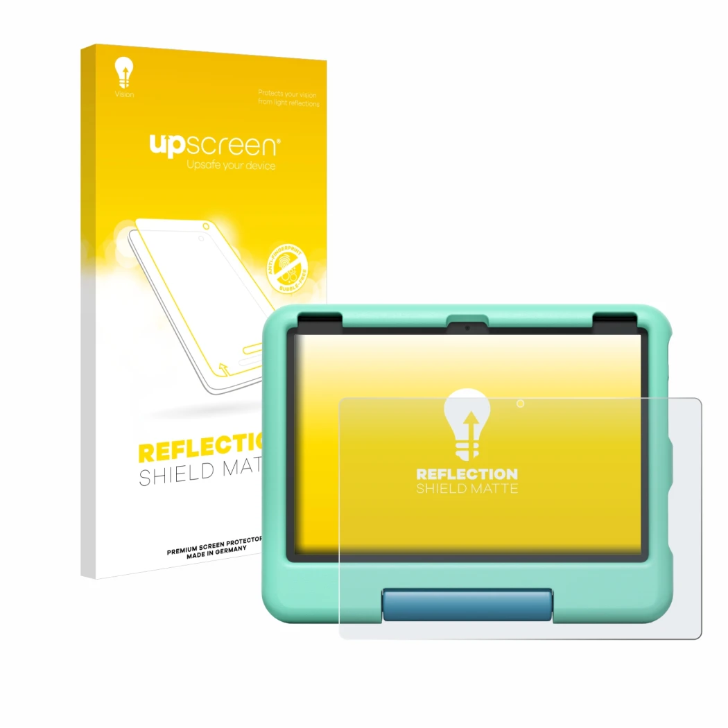 Face avant d’un emballage produit avec le logo de la marque upscreen. À côté, l’appareil Amazon Fire HD 10 Kids 2023 est repré