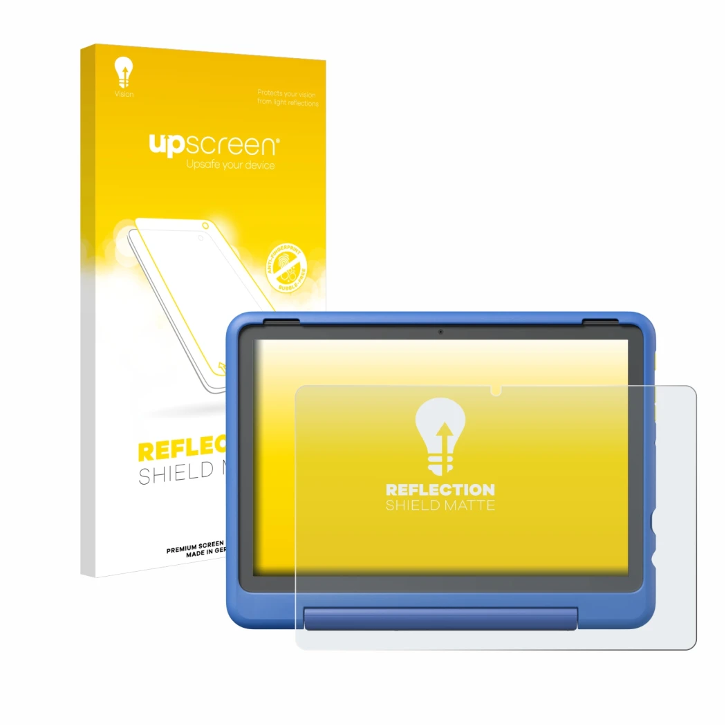Face avant d’un emballage produit avec le logo de la marque upscreen. À côté, l’appareil Amazon Fire HD 10 Kids Pro 2023 est r