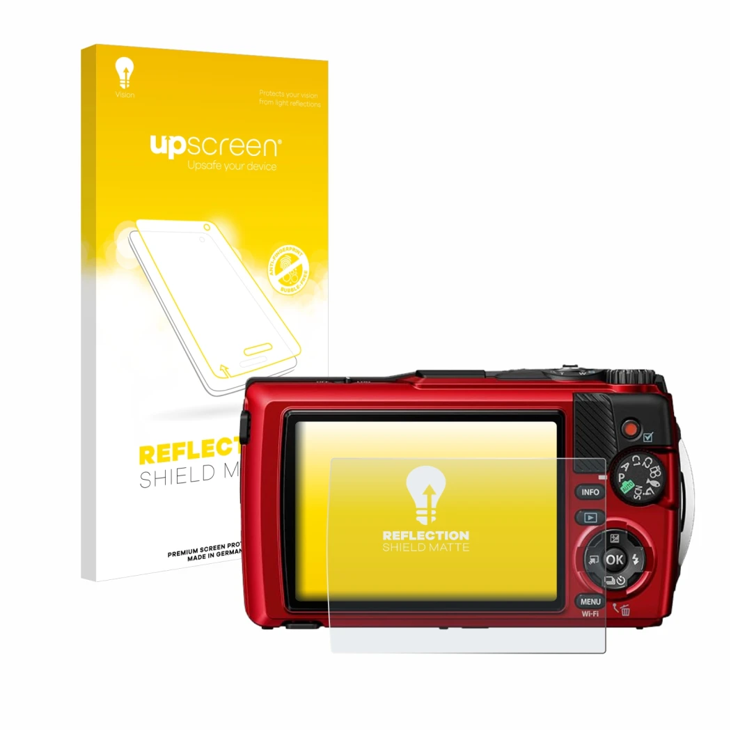 Face avant d’un emballage produit avec le logo de la marque upscreen. À côté, l’appareil Olympus OM System Tough TG-7 est repr