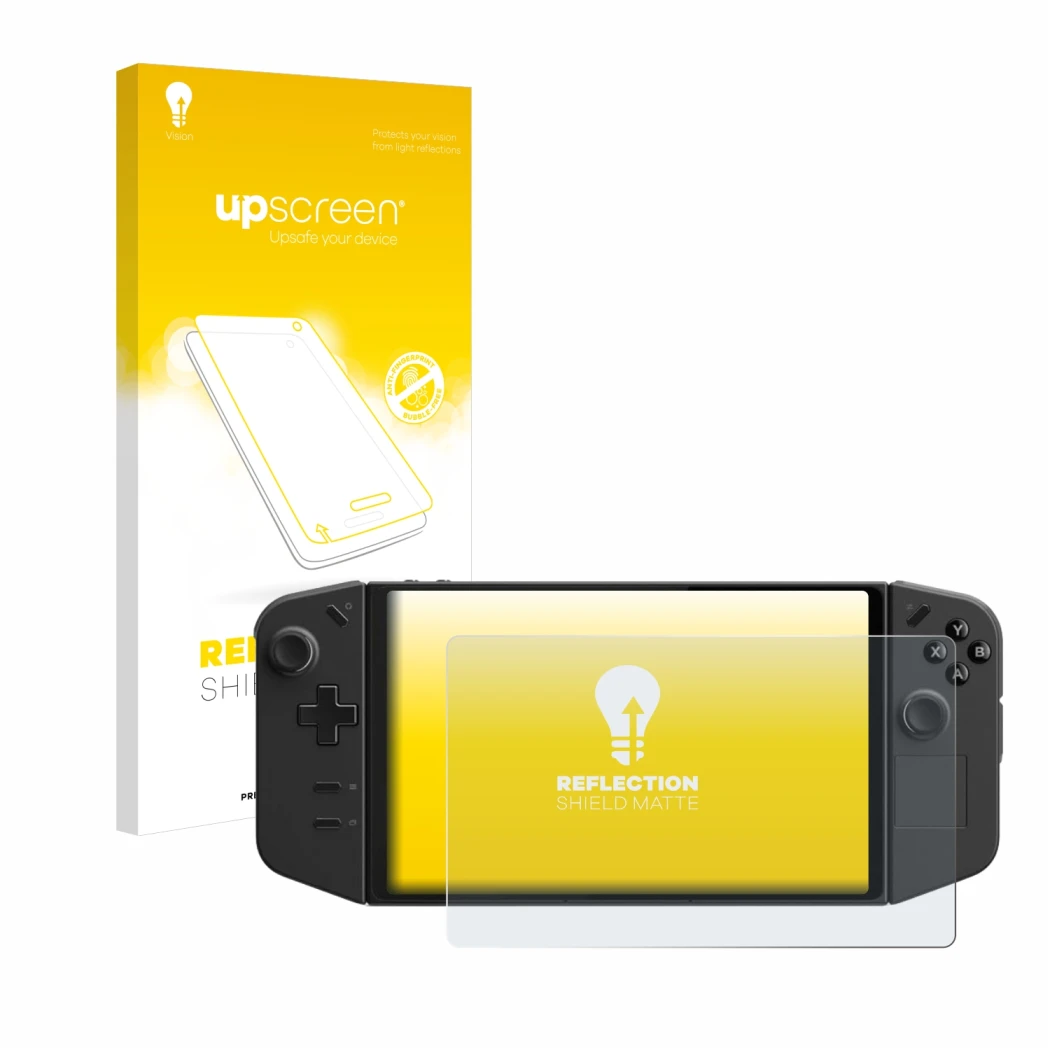 Face avant d’un emballage produit avec le logo de la marque upscreen. À côté, l’appareil Lenovo Legion Go est représenté avec 