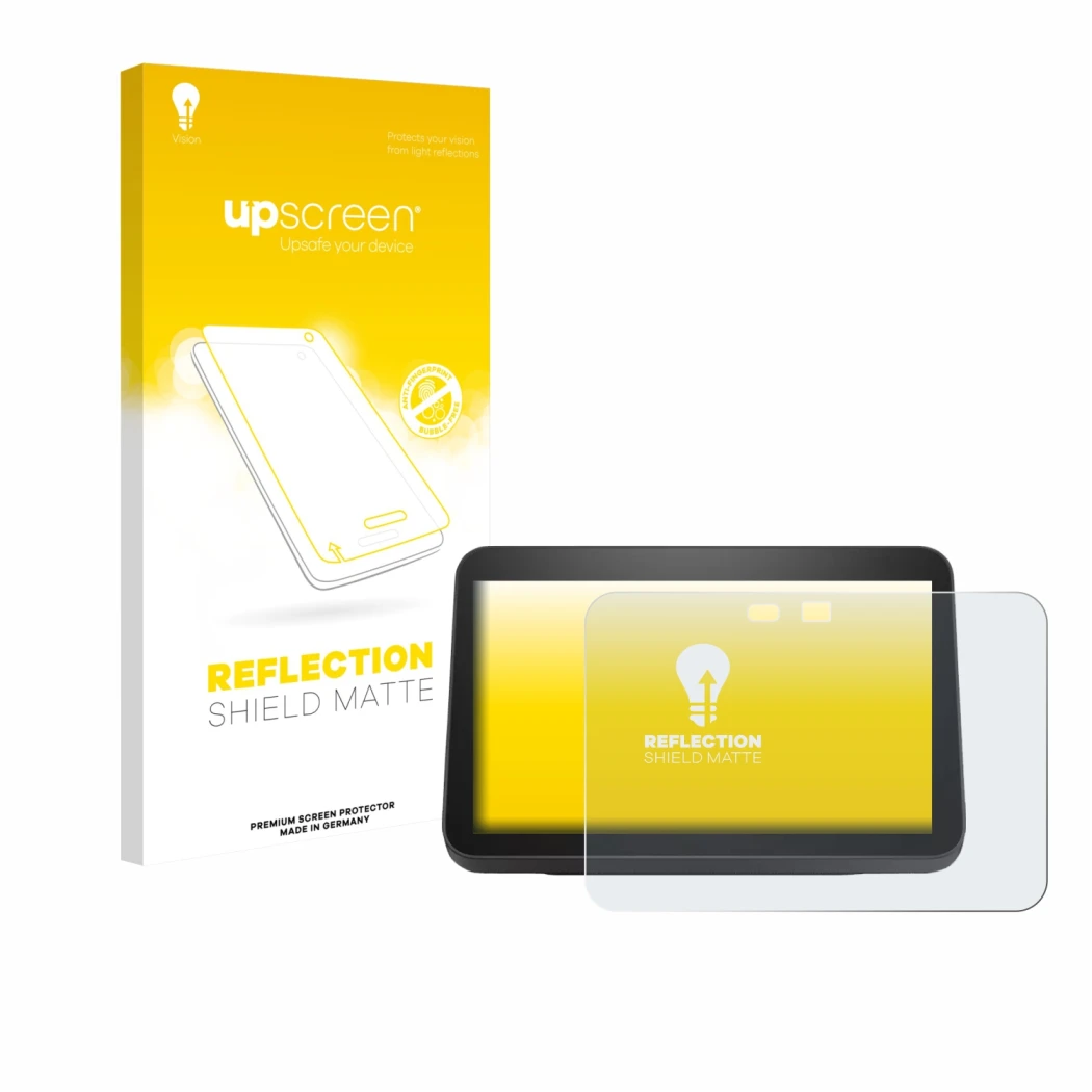 Face avant d’un emballage produit avec le logo de la marque upscreen. À côté, l’appareil Amazon Echo Show 8 2023 (3ème Gen.) e