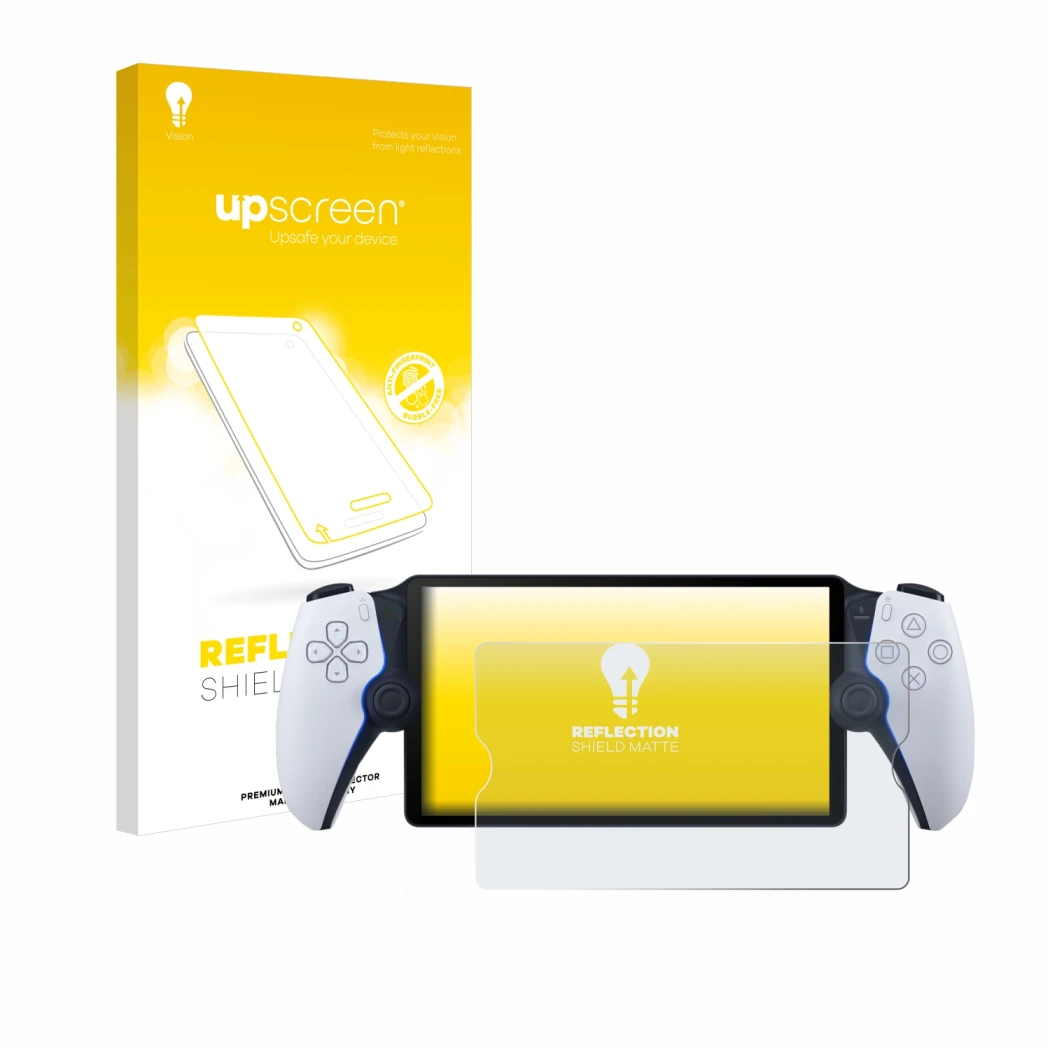 Face avant d’un emballage produit avec le logo de la marque upscreen. À côté, l’appareil Sony Playstation Portal est représent
