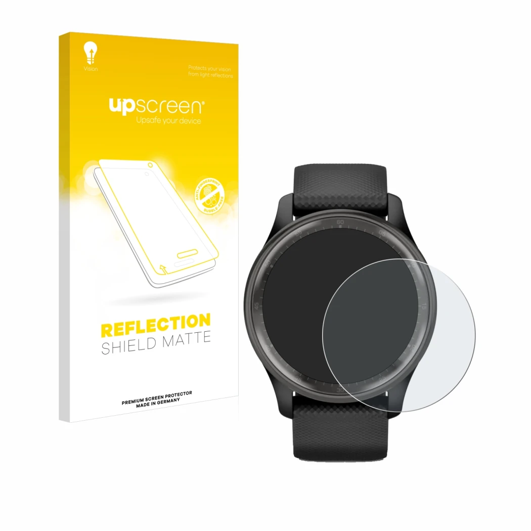Face avant d’un emballage produit avec le logo de la marque upscreen. À côté, l’appareil Garmin Vivomove Trend est représenté