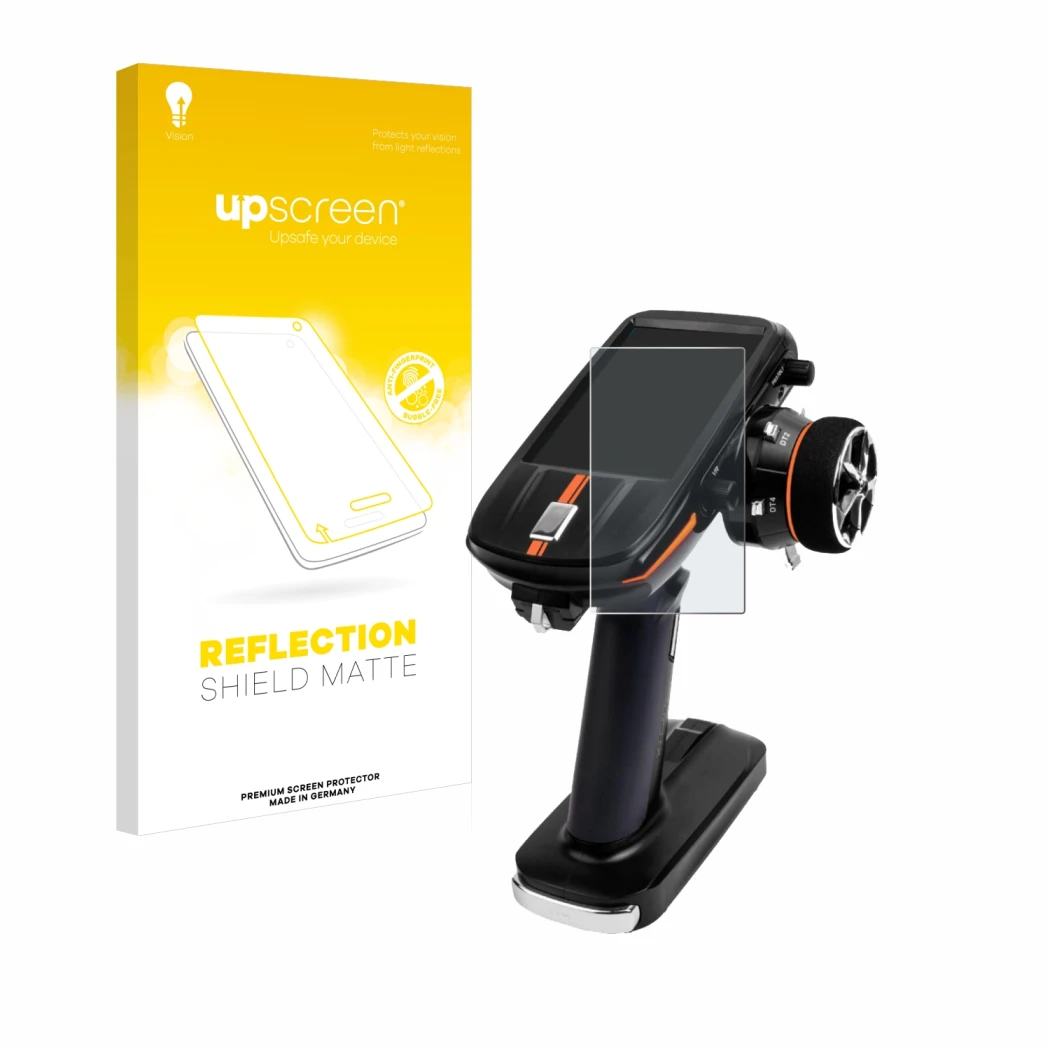 Face avant d’un emballage produit avec le logo de la marque upscreen. À côté, l’appareil RadioLink RC8X est représenté avec la