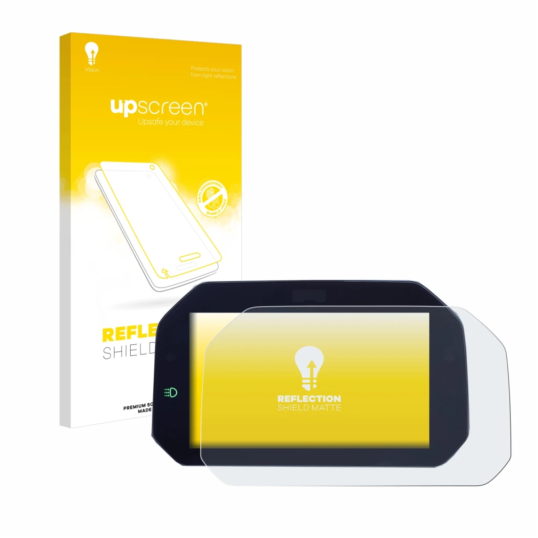 Face avant d’un emballage produit avec le logo de la marque upscreen. À côté, l’appareil BMW R 1300 GS TFT 6.5