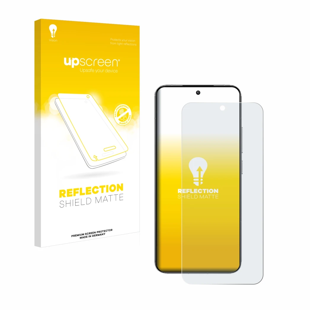 Face avant d’un emballage produit avec le logo de la marque upscreen. À côté, l’appareil Xiaomi 14 est représenté avec la prot