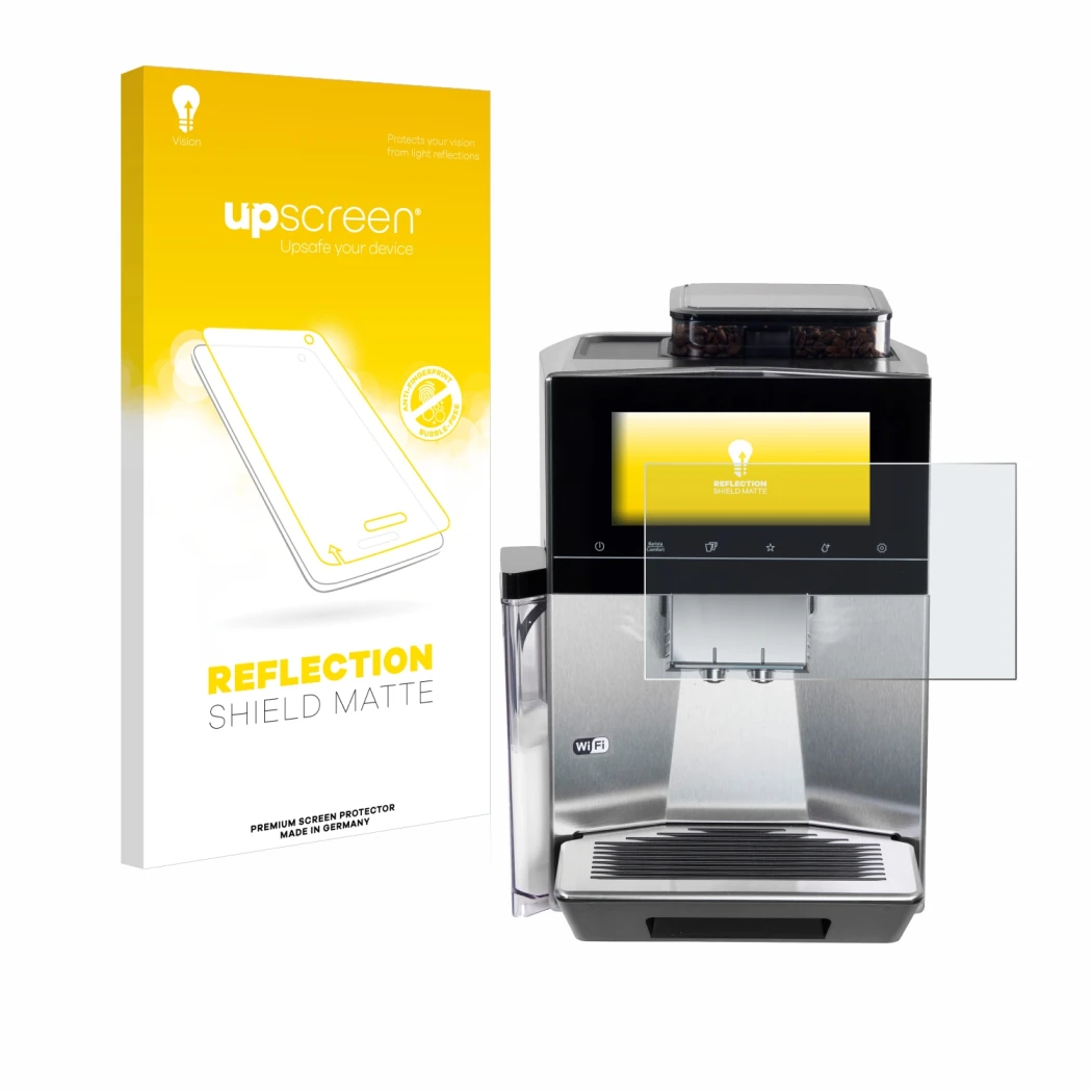 Face avant d’un emballage produit avec le logo de la marque upscreen. À côté, l’appareil Siemens EQ900 TQ903D03 est représenté