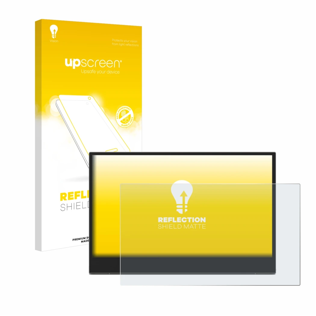 Face avant d’un emballage produit avec le logo de la marque upscreen. À côté, l’appareil Lenovo L15 (15,6