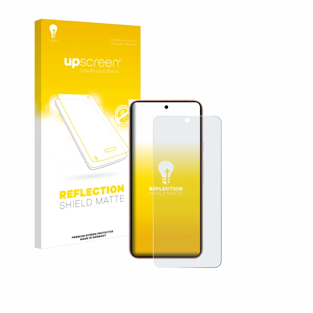 Face avant d’un emballage produit avec le logo de la marque upscreen. À côté, l’appareil Google Pixel 8 (case-friendly) est re