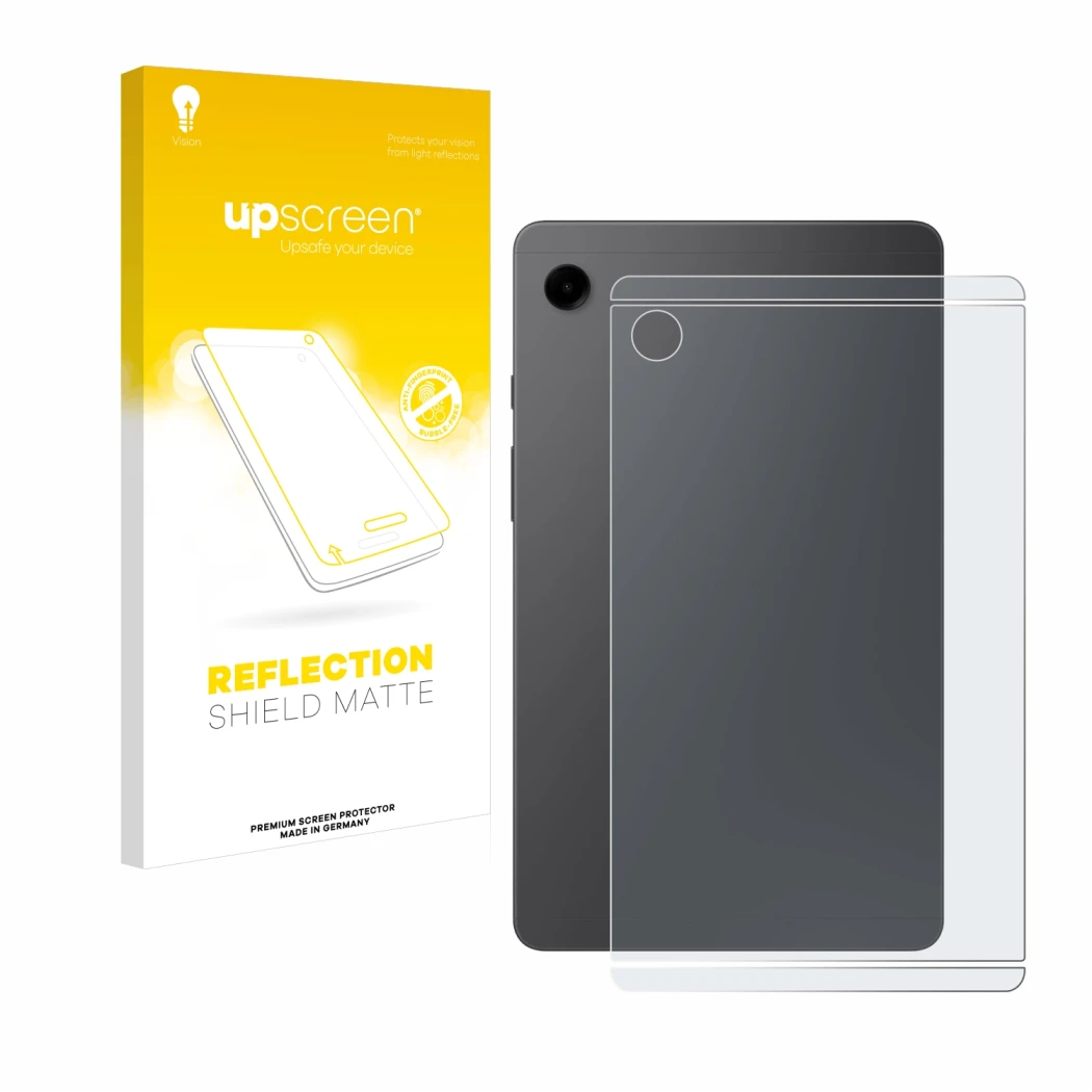 Face avant d’un emballage produit avec le logo de la marque upscreen. À côté, l’appareil Samsung Galaxy Tab A9 WiFi (Arrière) 