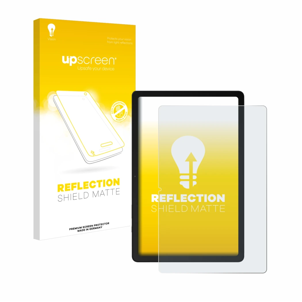 Face avant d’un emballage produit avec le logo de la marque upscreen. À côté, l’appareil Samsung Galaxy Tab A9 Plus WiFi (port