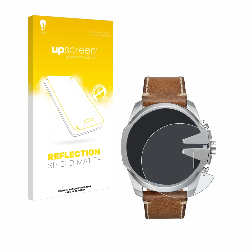 Face avant d’un emballage produit avec le logo de la marque upscreen. À côté, l’appareil Diesel Mega Chief est représenté avec