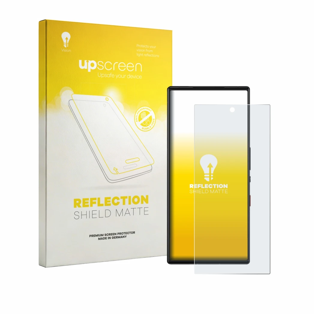 Face avant d’un emballage produit avec le logo de la marque upscreen. À côté, l’appareil ZTE Nubia Red Magic 9 Pro est représe