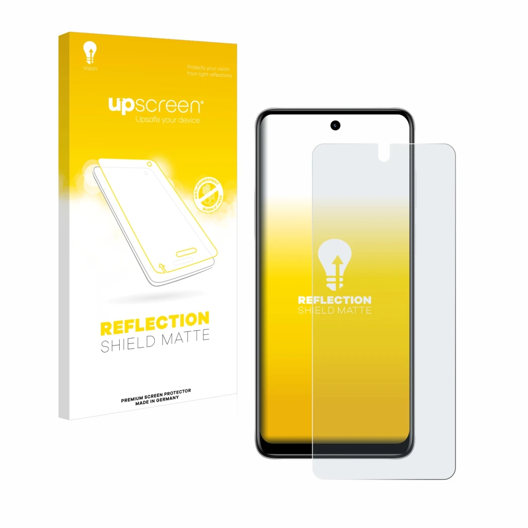 Face avant d’un emballage produit avec le logo de la marque upscreen. À côté, l’appareil Motorola Moto E32s est représenté ave