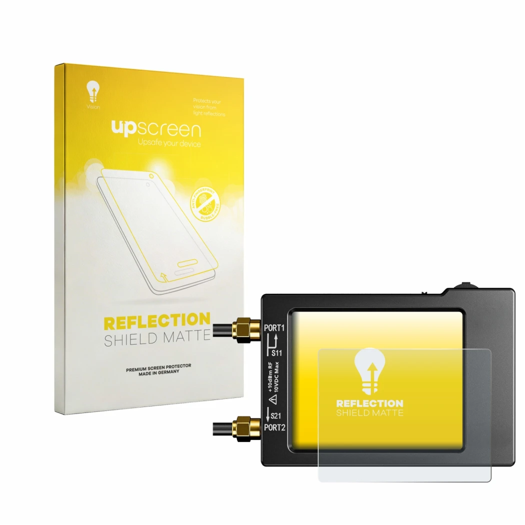 Face avant d’un emballage produit avec le logo de la marque upscreen. À côté, l’appareil NanoVNA H (handheld) est représenté a