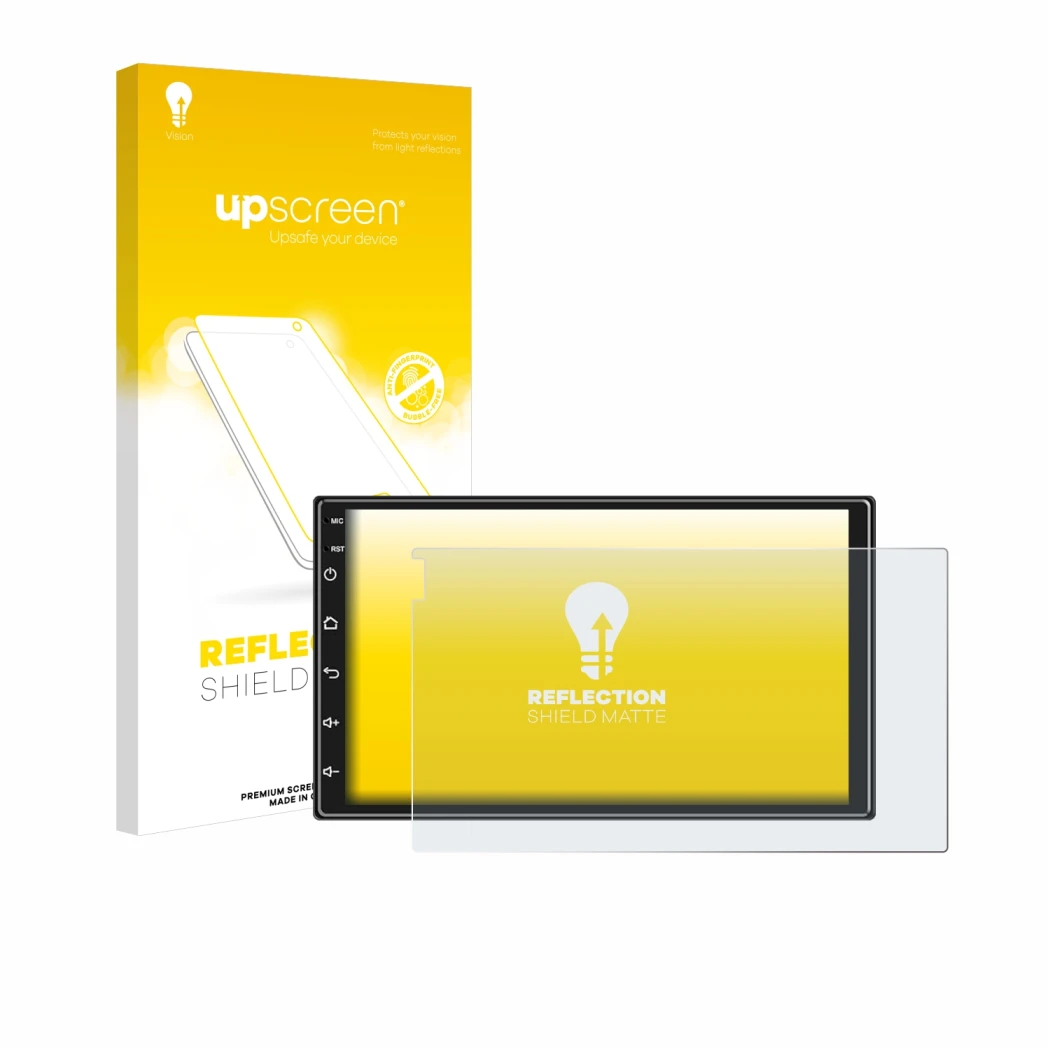 Face avant d’un emballage produit avec le logo de la marque upscreen. À côté, l’appareil Ankeway Car Radio 7