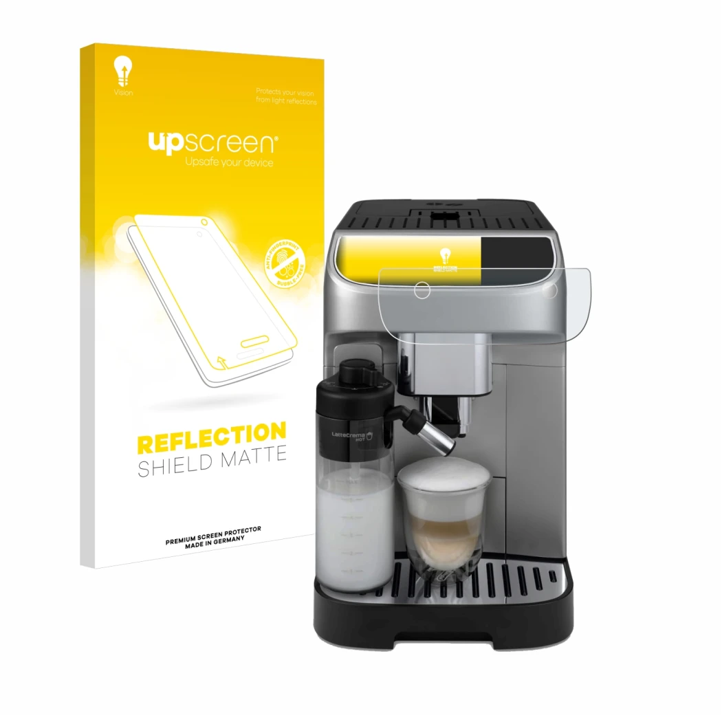 Face avant d’un emballage produit avec le logo de la marque upscreen. À côté, l’appareil DeLonghi Magnifica Plus est représent