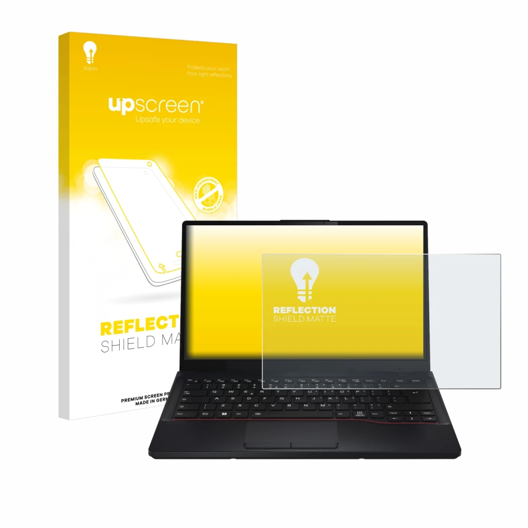 Face avant d’un emballage produit avec le logo de la marque upscreen. À côté, l’appareil Fujitsu Lifebook E5412 est représenté