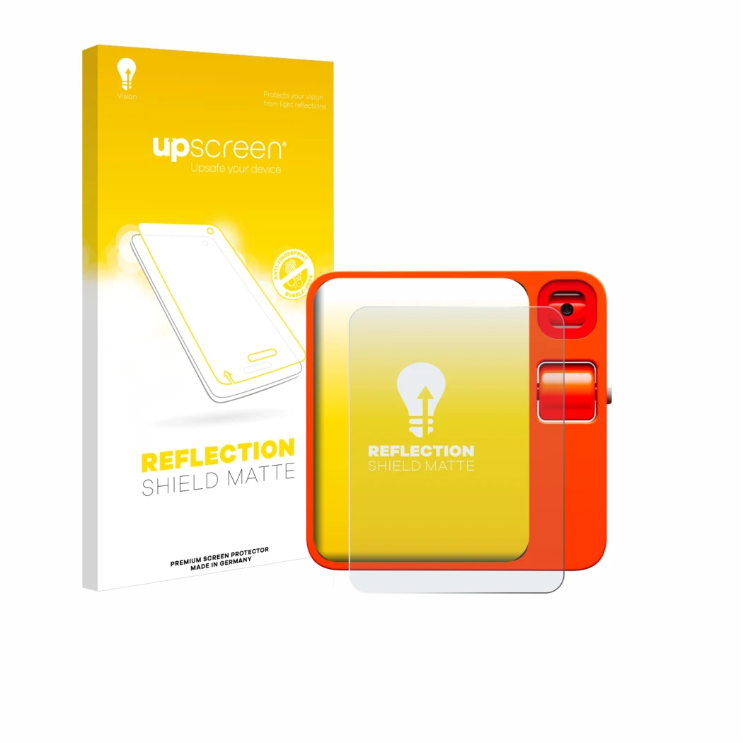 Face avant d’un emballage produit avec le logo de la marque upscreen. À côté, l’appareil rabbit r1 est représenté avec la prot