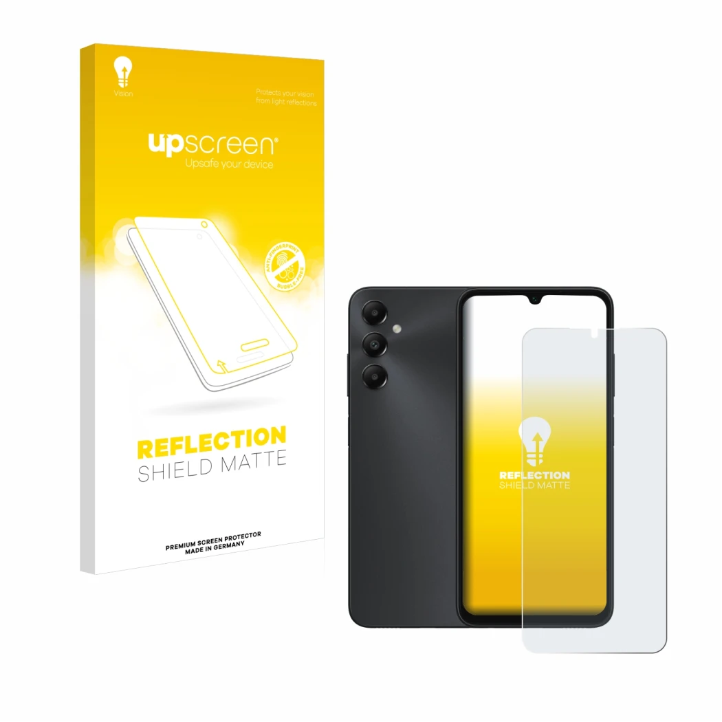 Face avant d’un emballage produit avec le logo de la marque upscreen. À côté, l’appareil Samsung Galaxy A05s est représenté av