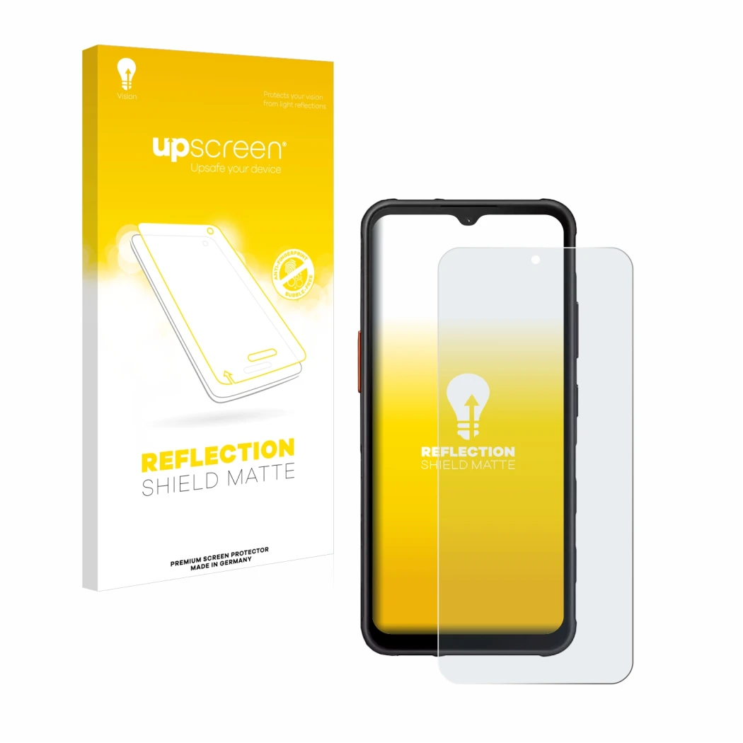 Face avant d’un emballage produit avec le logo de la marque upscreen. À côté, l’appareil Samsung Galaxy XCover 7 est représent