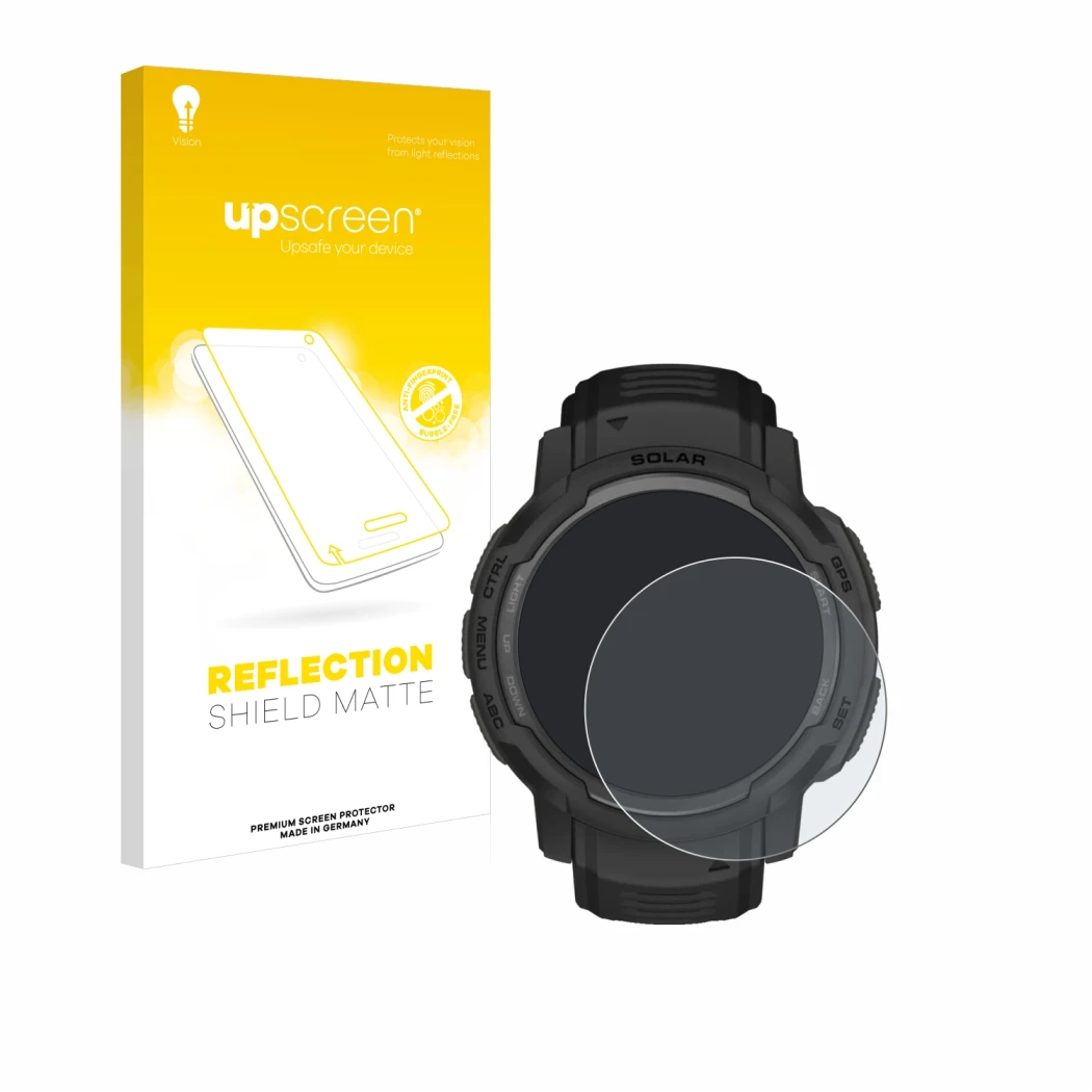 Face avant d’un emballage produit avec le logo de la marque upscreen. À côté, l’appareil Garmin Instinct Crossover AMOLED est 