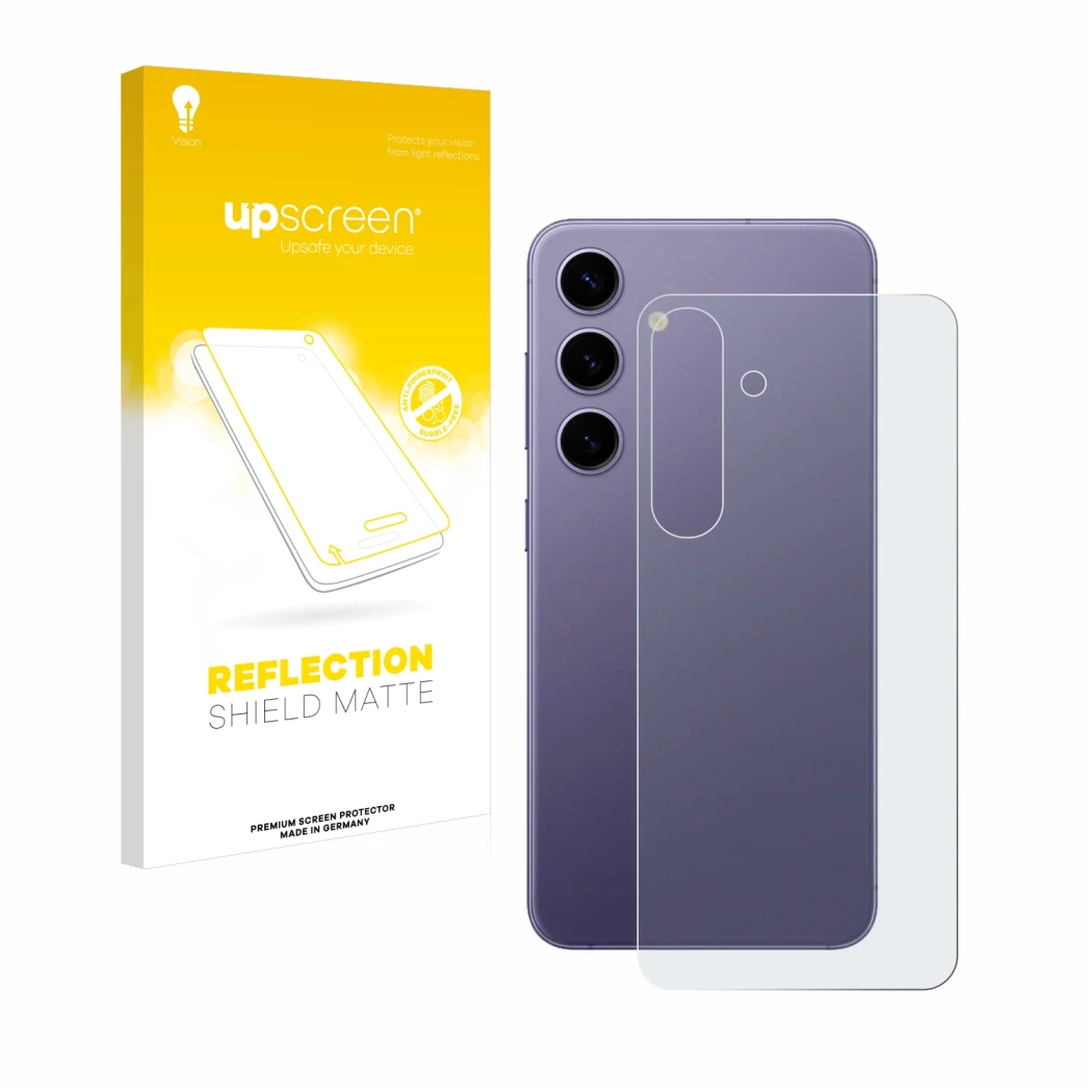 Face avant d’un emballage produit avec le logo de la marque upscreen. À côté, l’appareil Samsung Galaxy S24 (Arrière) est repr