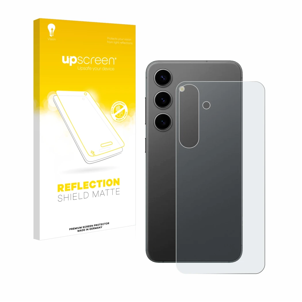 Face avant d’un emballage produit avec le logo de la marque upscreen. À côté, l’appareil Samsung Galaxy S24 Plus (Arrière) est