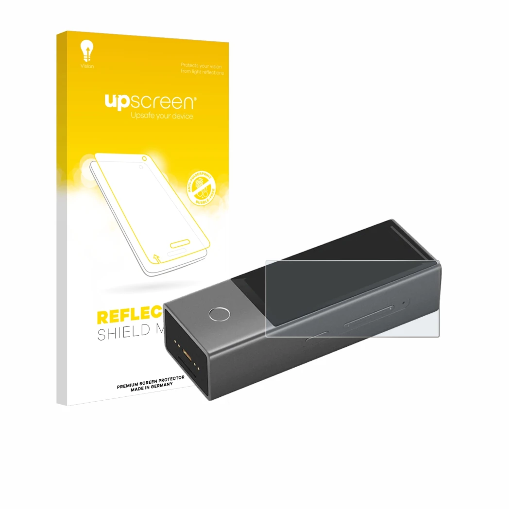 Face avant d’un emballage produit avec le logo de la marque upscreen. À côté, l’appareil Timekettle X1 est représenté avec la
