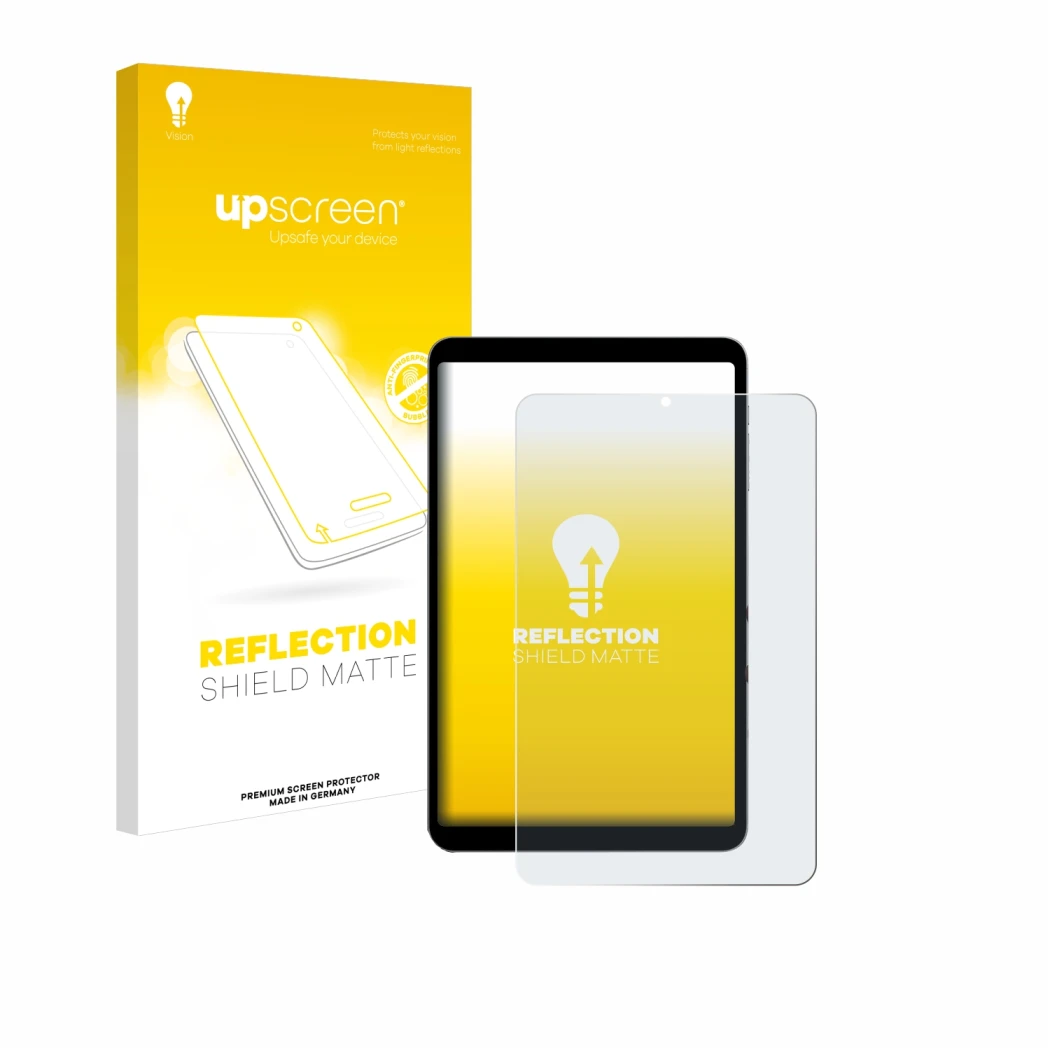 Face avant d’un emballage produit avec le logo de la marque upscreen. À côté, l’appareil Alldocube iPlay 50 mini Pro est repré